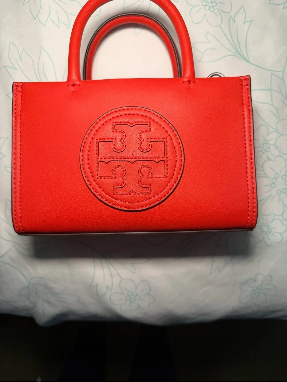 Tory Burch Coral-Red Mini Top-Handle Logo Tote